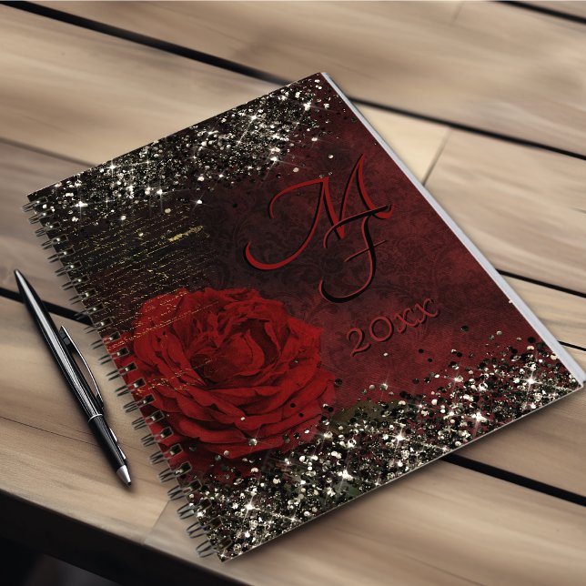 Chic black red gold glitter flower monogram notebo notebook (Creator Uploaded)