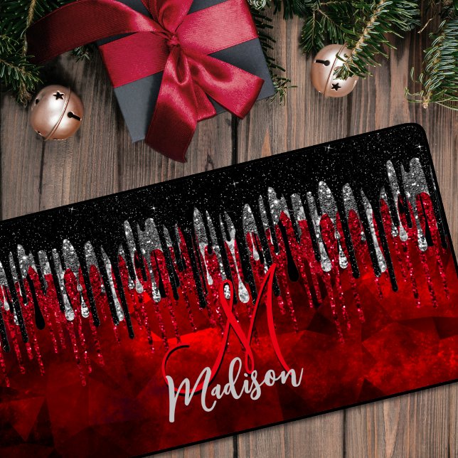 Chic black red silver glitter drips monogram desk mat (Creator Uploaded)
