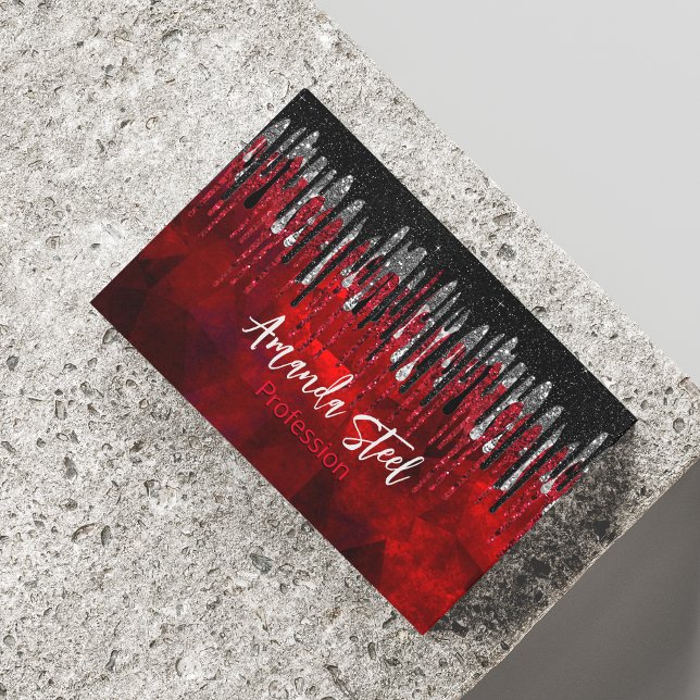 Chic black red silver glitter drips monogram 	Magnetic business card (Creator Uploaded)