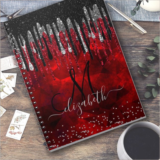 Chic black red silver glitter drips monogram notebook (Creator Uploaded)