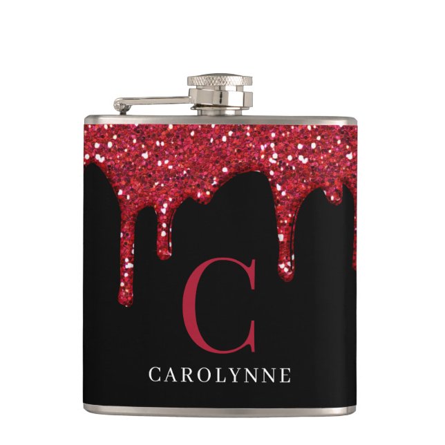 Chic Black Red Sparkle Glitter Drips Monogram Hip Flask (Front)
