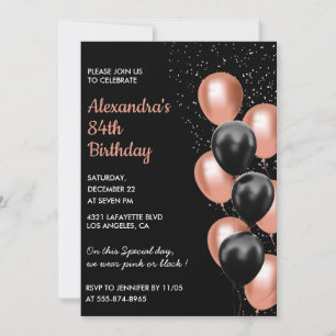 Chic Black Rose gold 84th birthday Invitation