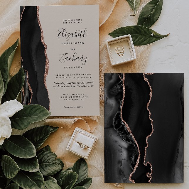 Chic Black Rose Gold Agate Beige Wedding Invitation (Creator Uploaded)