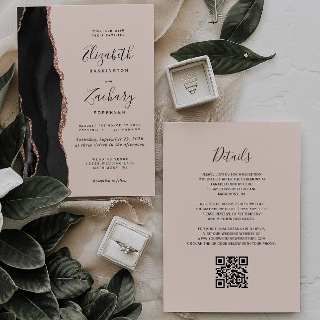 Chic Black Rose Gold Agate Blush QR Code Wedding Invitation (Creator Uploaded)