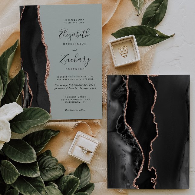 Chic Black Rose Gold Agate Sage Green Wedding Invitation (Creator Uploaded)