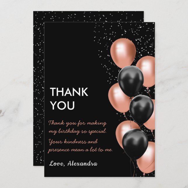 Chic Black Rose Gold Balloon  Thank You Card (Front/Back)