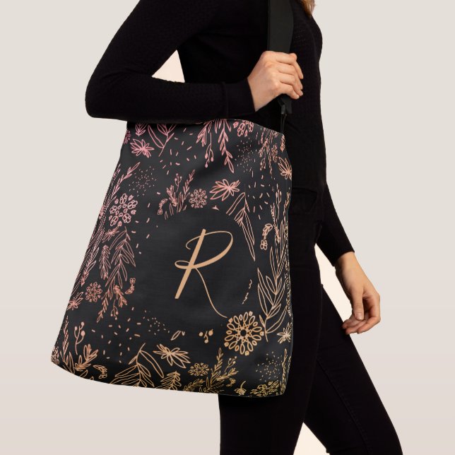 chic black rose gold botanical pattern monogrammed crossbody bag (Close Up)