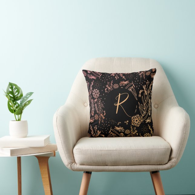chic black rose gold botanical pattern monogrammed cushion (Chair)