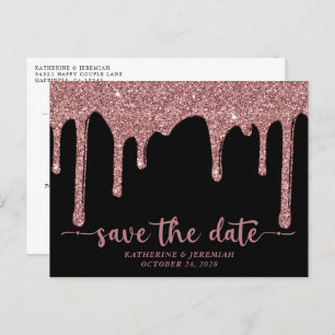 Chic Black Rose Gold Glitter Drips Save The Date Announcement Postcard