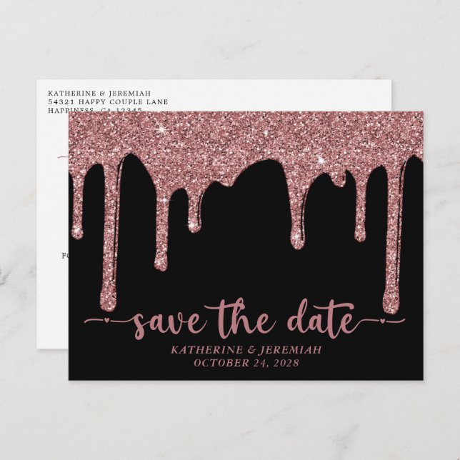 Chic Black Rose Gold Glitter Drips Save The Date Announcement Postcard (Front/Back)