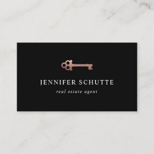 Chic Black & Rose Gold Key Luxury Real Estate Business Card
