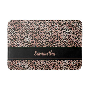 Chic Black Rose Gold Leopard Print Personalised Bath Mat