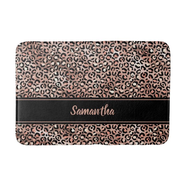 Chic Black Rose Gold Leopard Print Personalised Bath Mat (Front)