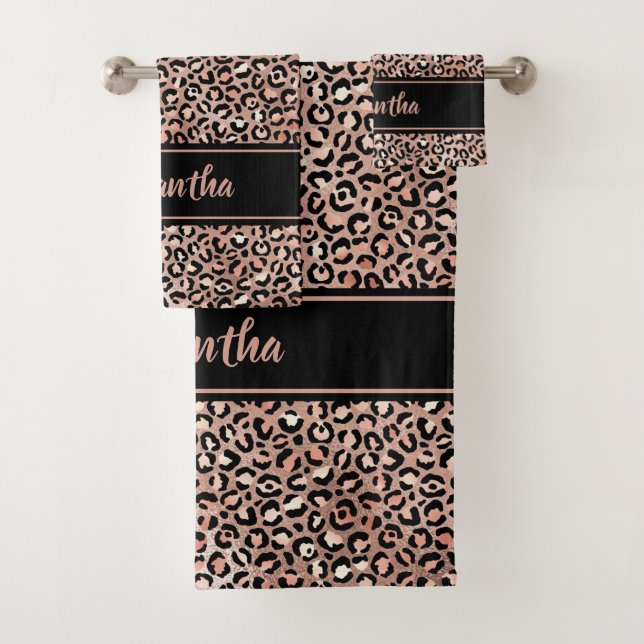 Chic Black Rose Gold Leopard Print Personalised Bath Towel Set (Insitu)