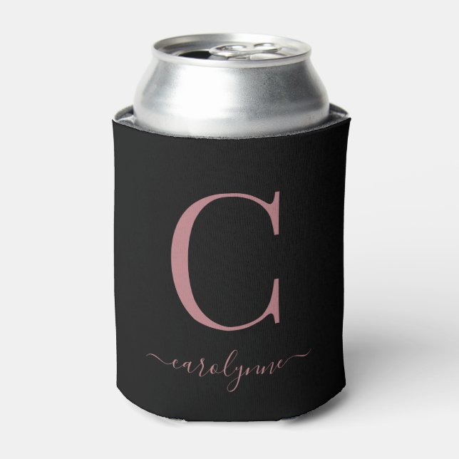 Chic Black Rose Gold Pink Monogram Script Can Cooler (Can Front)