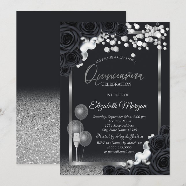 Chic Black Roses Wine Glass Balloons Quinceañera Invitation (Front/Back)