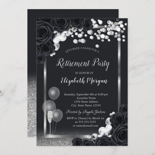 Chic Black Roses Wine Glass Balloons Retirement    Invitation (Front/Back)