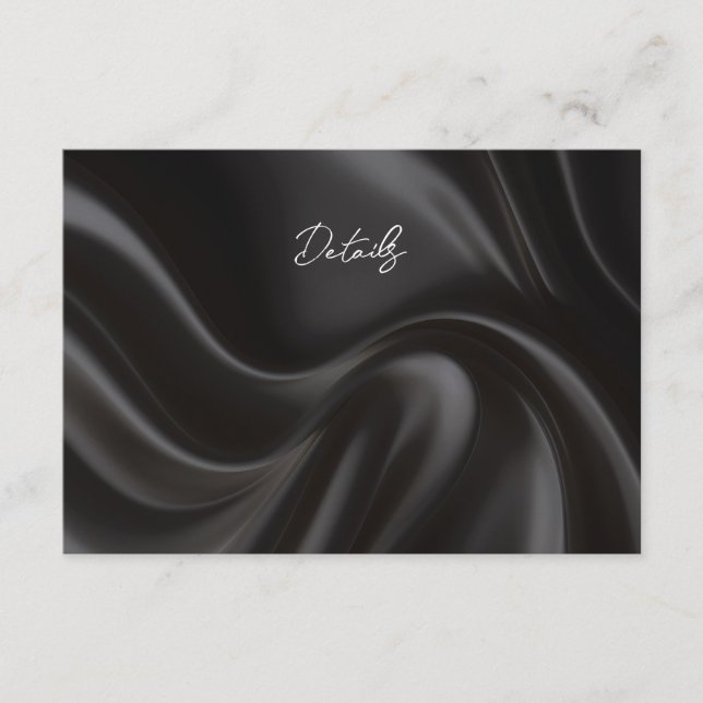 Chic Black Satin Wedding Details Card (Front)