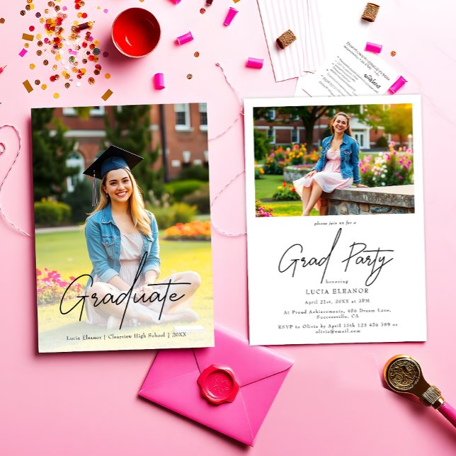 Chic Black Script Graduate Two Photo Graduation Invitation (Creator Uploaded)