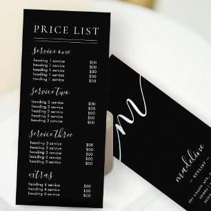 Chic Black Script Typography Services Price List Rack Card