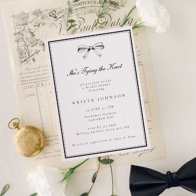 Chic Black She's Tying the Knot Bow Bridal Shower Invitation (Creator Uploaded)