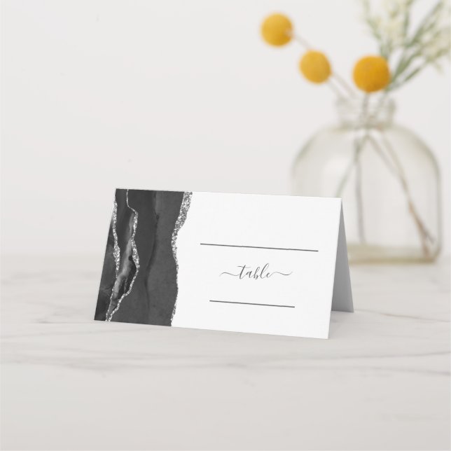 Chic Black Silver Agate Wedding Place Card (Front)