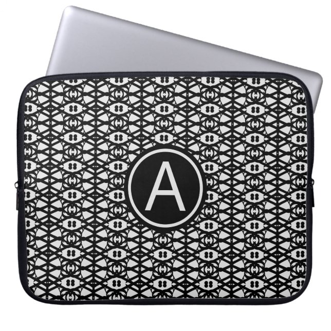 Chic black & silver diamond pattern & monogram laptop sleeve (Front)