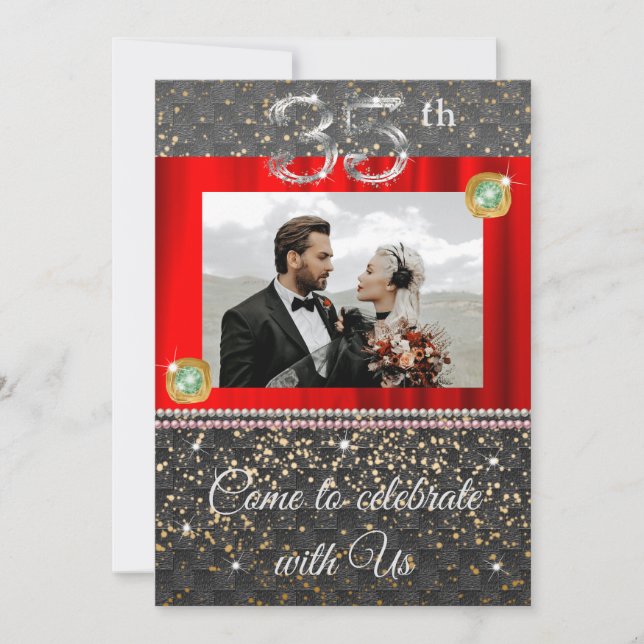 Chic Black Silver Emerald 35th Wedding Anniversary Invitation (Front)
