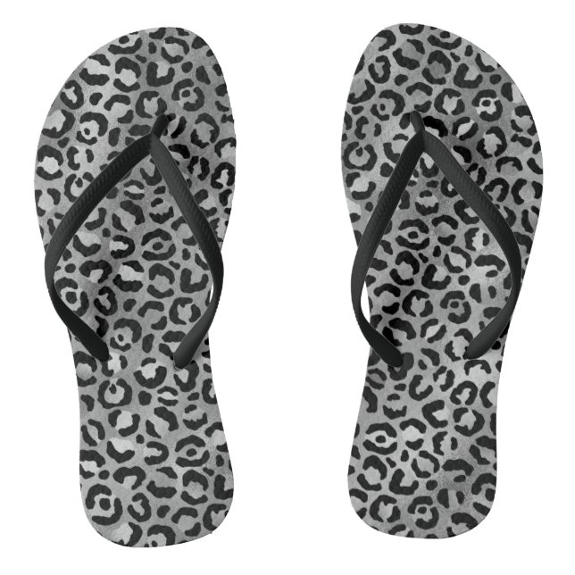 Chic Black Silver Foil Grey Leopard Print Thongs (Footbed)