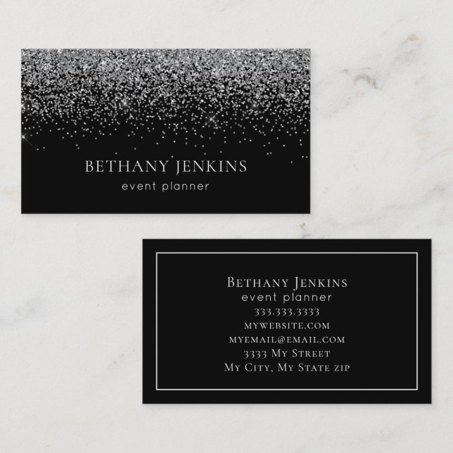 Chic Black Silver Glitter  Business Card (Front/Back)