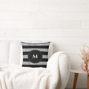 Chic Black Silver Glitter Striped Monogram  Cushion