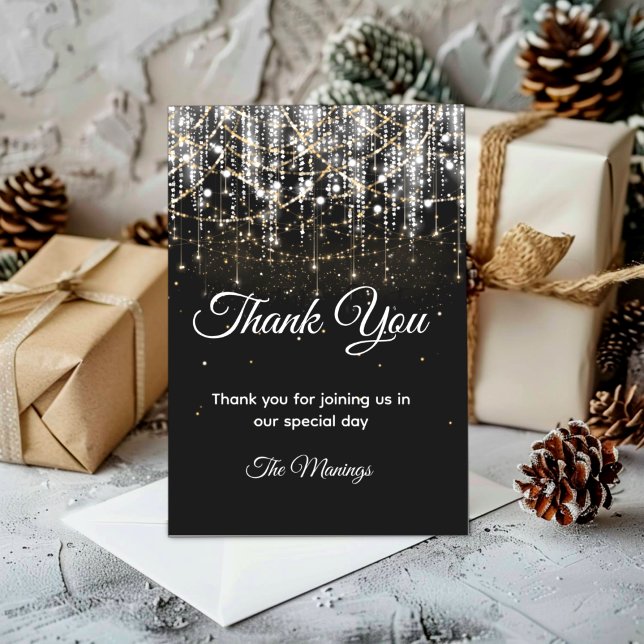 Chic black silver gold holiday lights thank you card (Creator Uploaded)