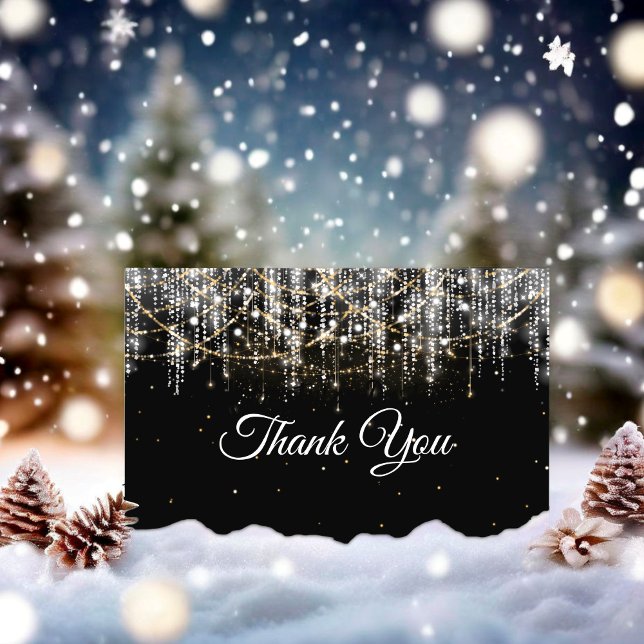 Chic black silver gold holiday lights thank you card (Creator Uploaded)