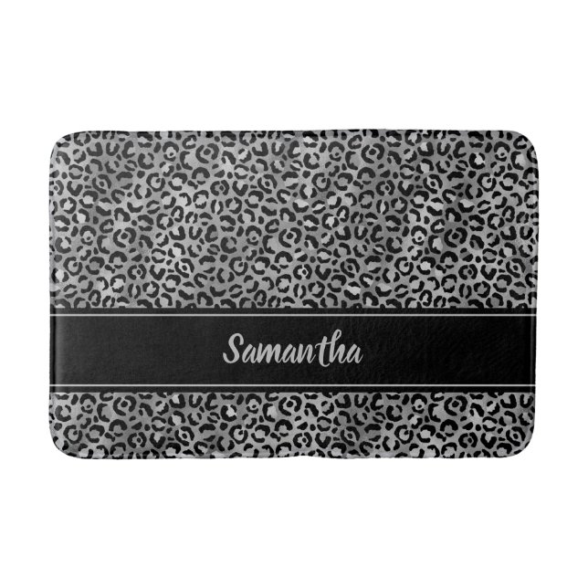 Chic Black Silver Grey Leopard Print Personalised Bath Mat (Front)