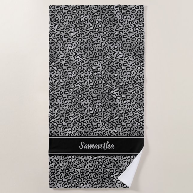 Chic Black Silver Leopard Print Personalised Beach Towel (Front)