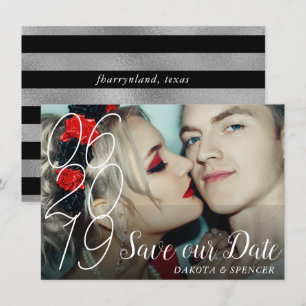 Chic Black Silver   Modern Hand Lettered Photo Save The Date
