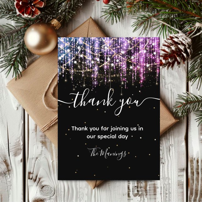 Chic black silver pink holiday lights thank you  card (Creator Uploaded)