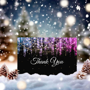 Chic black silver pink holiday lights thank you card