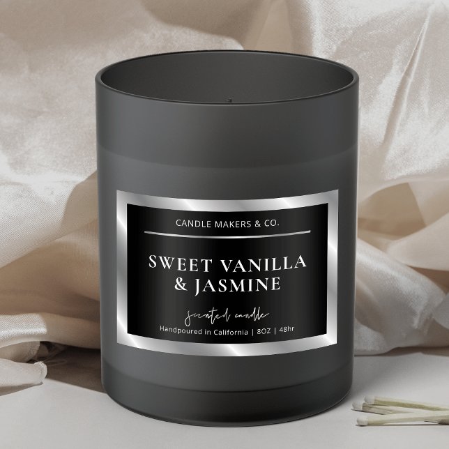 Chic Black & Silver Product Packaging Candle Label (Elegant black and faux silver foil effect rectangle product labels)