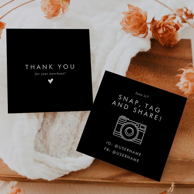 Chic Black Social Media Snap Share Thank You Square Business Card (Creator Uploaded)