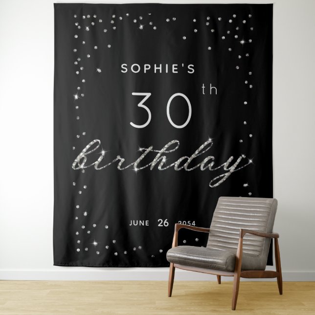 Chic Black Sparkle Glitter Birthday Party Backdrop Tapestry (In Situ)