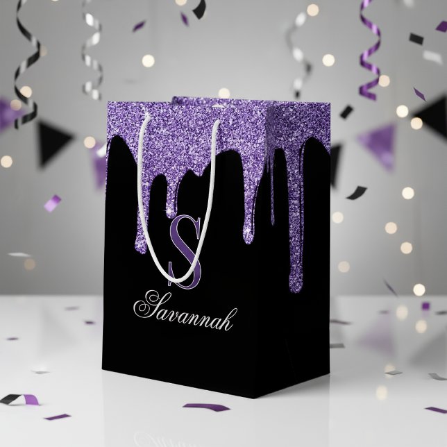 Chic Black Sparkle Purple Glitter Drips Monogram Medium Gift Bag (Creator Uploaded)
