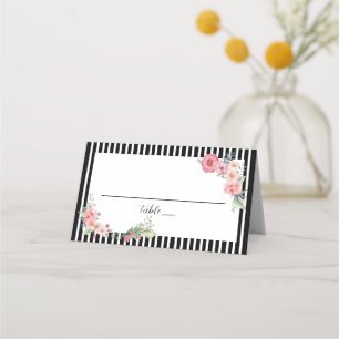 Chic Black Striped Floral Wedding Seating Place Card
