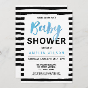 Chic Black Stripes Blue Baby Shower Invitation