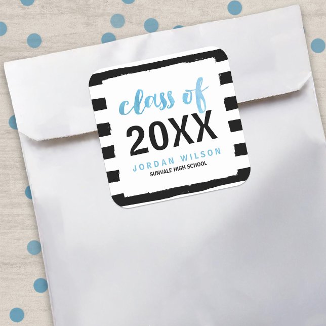 Chic Black Stripes Blue Class of 2025 Graduation Square Sticker (Creator Uploaded)