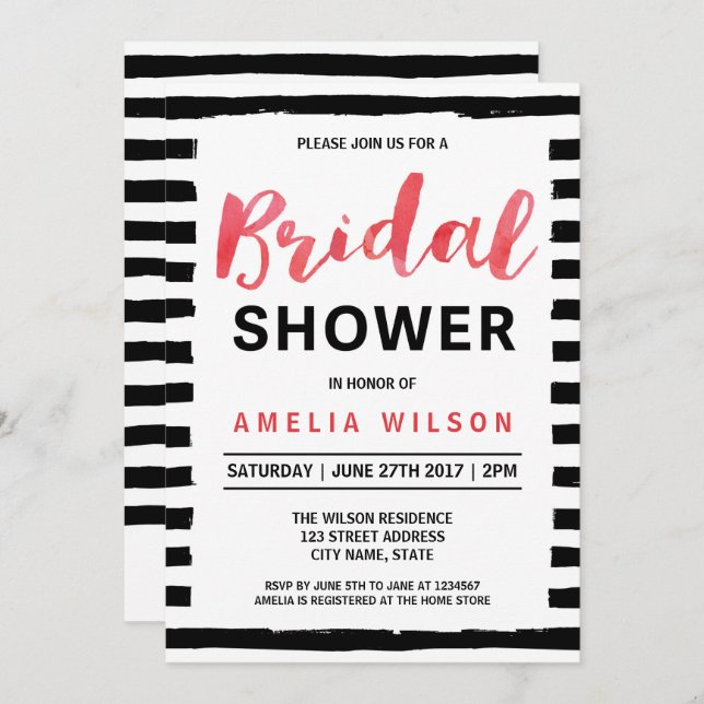 Chic Black Stripes Red Bridal Shower Invitation (Front/Back)