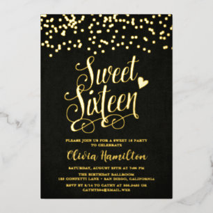 Chic Black Sweet 16 Gold Confetti Foil Invitation