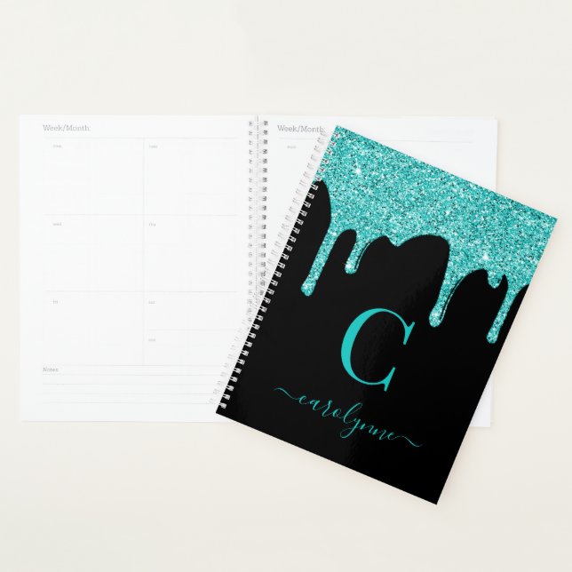 Chic Black Teal Glitter Dripping Luxury Planner (Display)