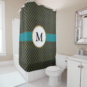 Chic Black Teal Gold Peacock Print Custom Monogram Shower Curtain