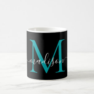 Chic Black Teal Green Monogram Elegant Script Coffee Mug